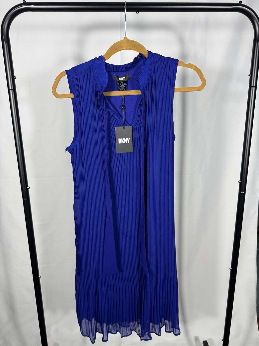 DKNY Sleeveless Accordion Pleated Tie Neck Shift Dress in Cobalt Blue